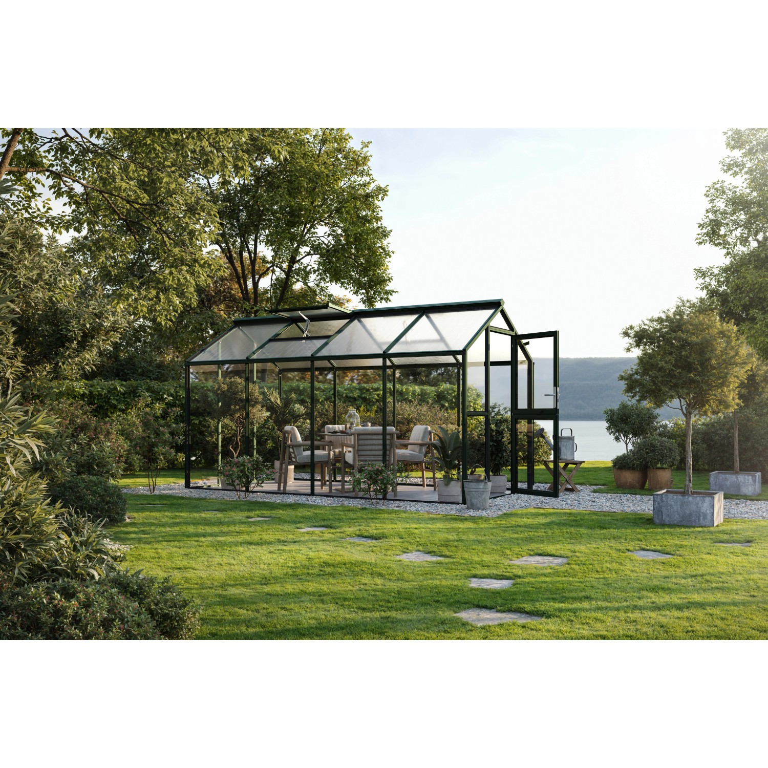 KGT Gewächshaus Galant IV, tannengrün, 8,8 m² mit Esstischgruppe im Garten.