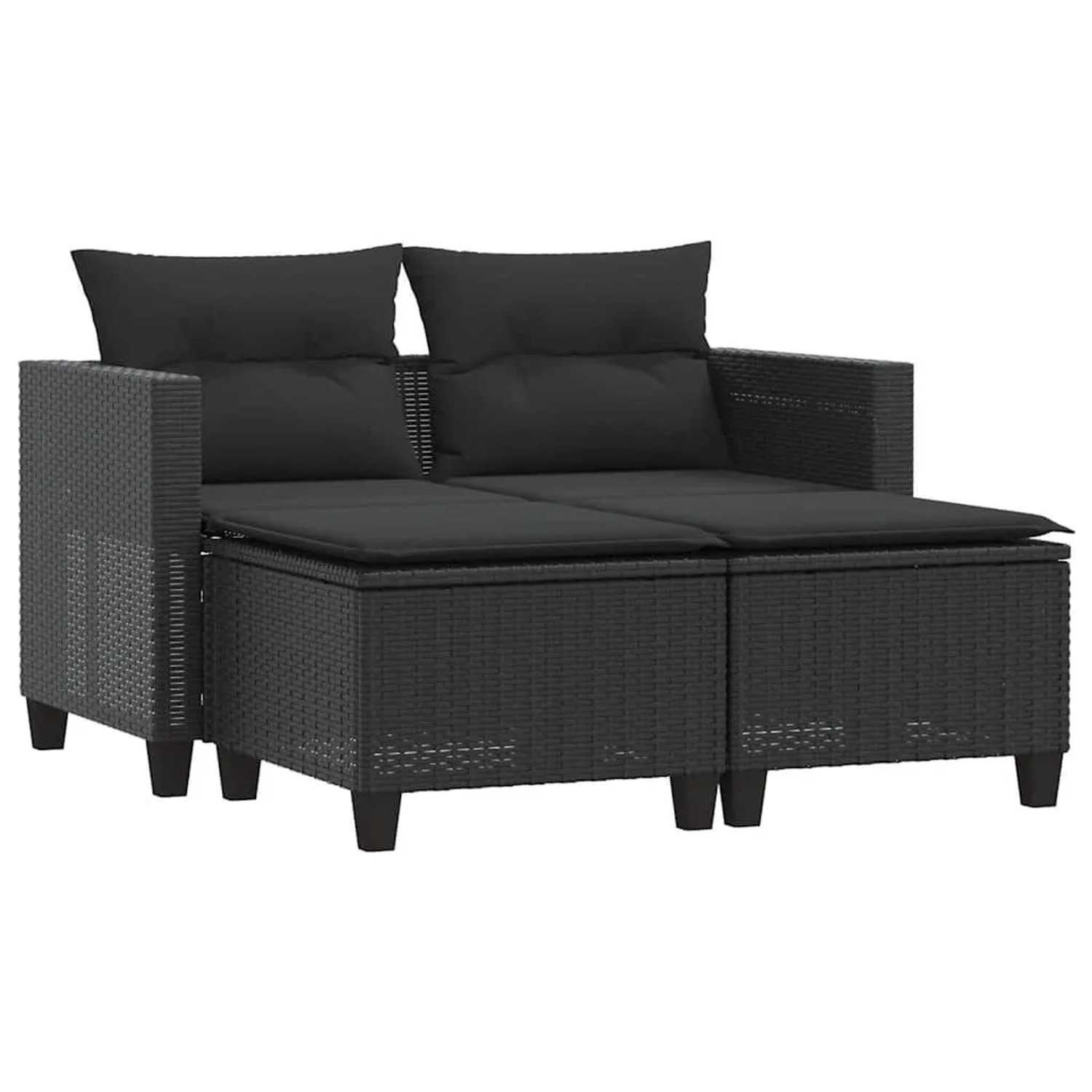 vidaXL Gartensofa 2-Sitzer mit Hockern Schwarz Poly Rattan 365791