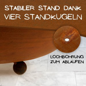 Cortenstahl Pflanzschale: Standkugeln und Ablaufloch. Wetterfeste Edelrost Patina für stabilen Stand.