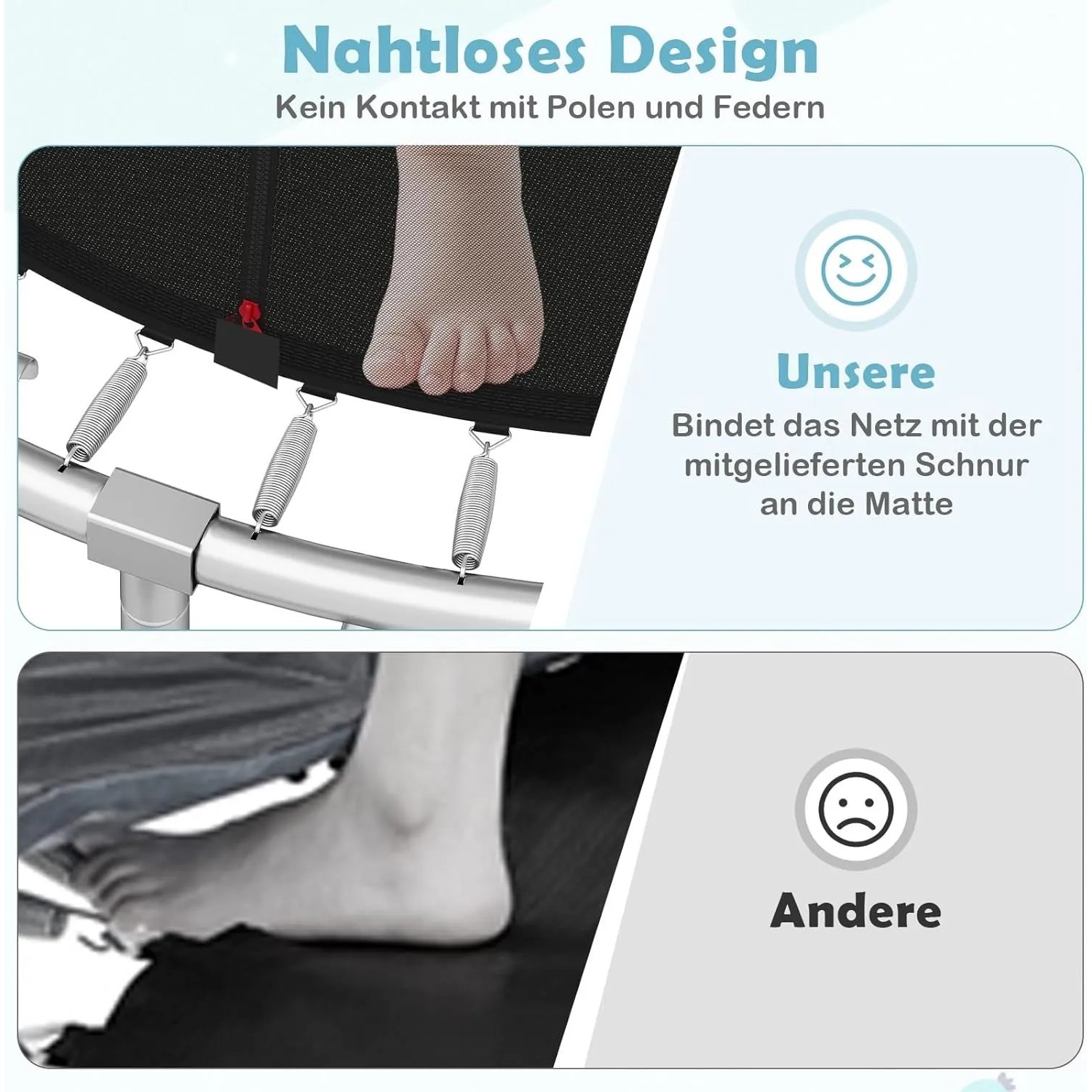 Detailansicht Costway Trampolin Ø366 cm: Nahtloses Design und Befestigung des Netzes an der Matte.