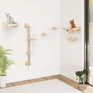 Costway Katzenbaum Wand Kletterbaum Holz Natur 5 PCS-2 Hängematten