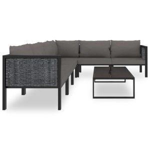 Anthrazitfarbenes 7-tlg. Garten Lounge Set aus Rattan mit Tisch und Auflagen.