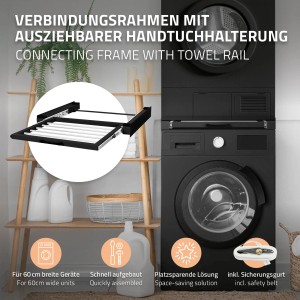 ML-Design Zwischenbaurahmen mit Wäscheleine, Stahl, schwarz, für Waschmaschine und Trockner.