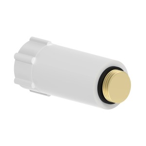 Weißer Kirchhoff Kunststoff-Baustopfen 13 mm mit Messinggewinde (1/2) zur Rohrabdichtung.