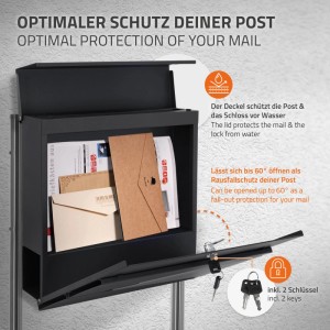 ML-Design Standbriefkasten mit Zeitungsfach, anthrazit-silber, mit Pfosten. Moderner Briefkasten für den Außenbereich.