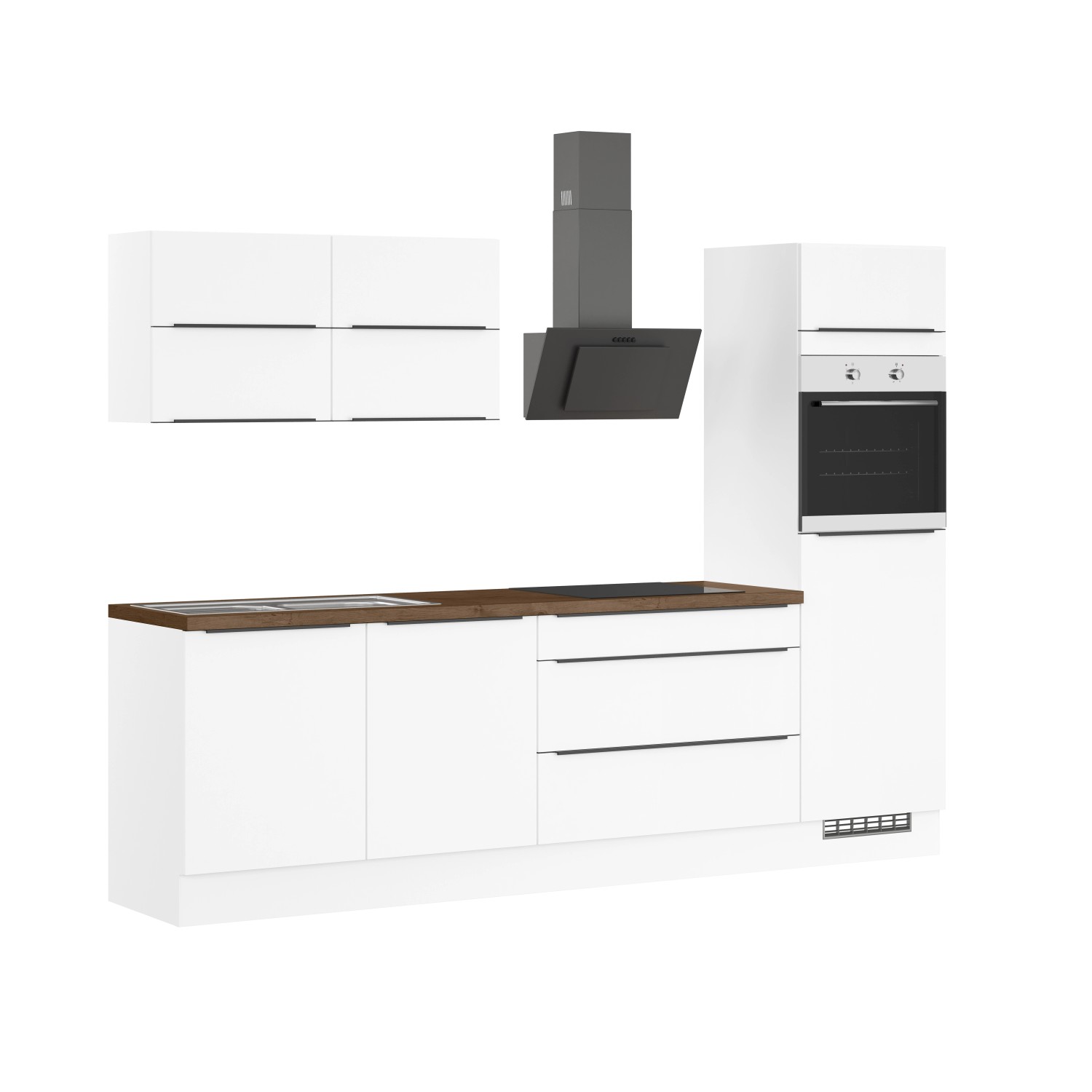 Impuls Küchenzeile IBZ4280U6, 280 cm, Weiß, ohne E-Geräte. Einbauküche mit weißen Fronten und Oregon Eiche Arbeitsplatte.