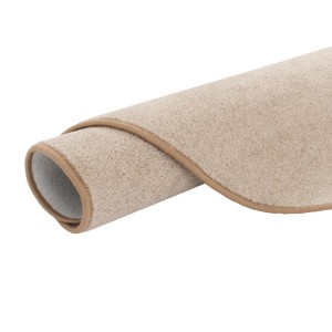 Gerollter, runder, beiger Kurzflorteppich (Snapstyle Trend Velours Teppich Joy) mit brauner Umrandung.