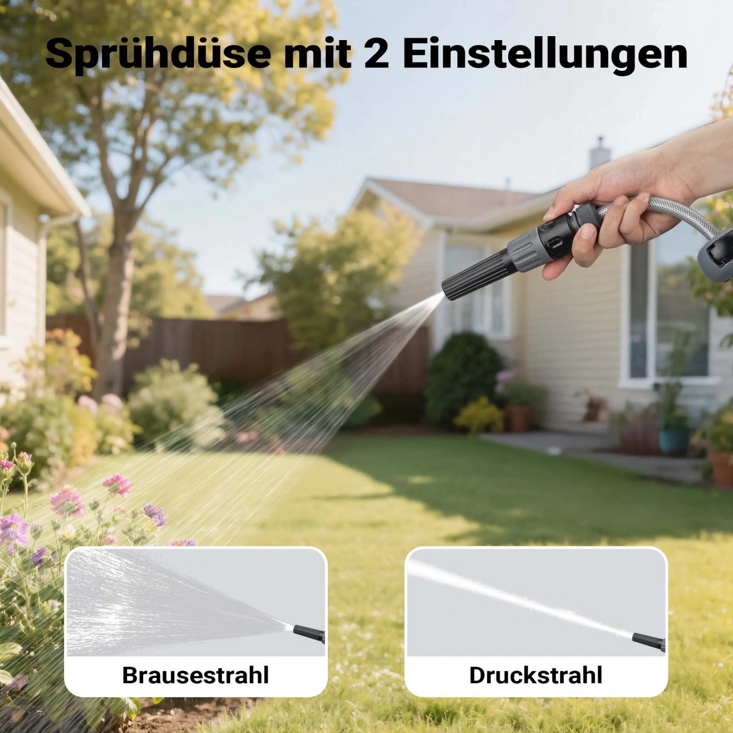 Hand hält Sprühdüse des Gartenschlauchs, zeigt Brausestrahl für Pflanzen und Druckstrahl für Reinigung.