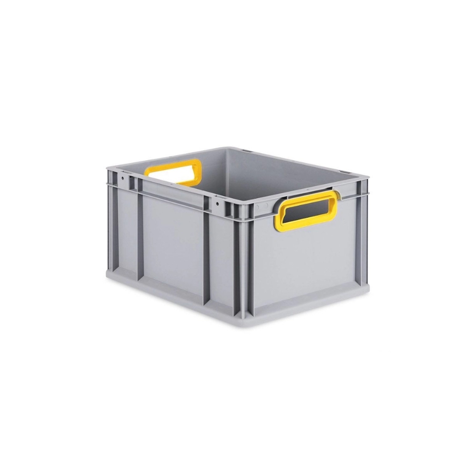 Graue PROREGAL Eurobox mit gelben Griffen, Scharnierdeckel und Schiebeschnappverschlüssen.