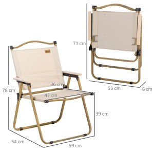 Outsunny Campingstuhl aus Oxfordstoff, Stahl, Khaki, mit Maßangaben offen und zusammengeklappt.