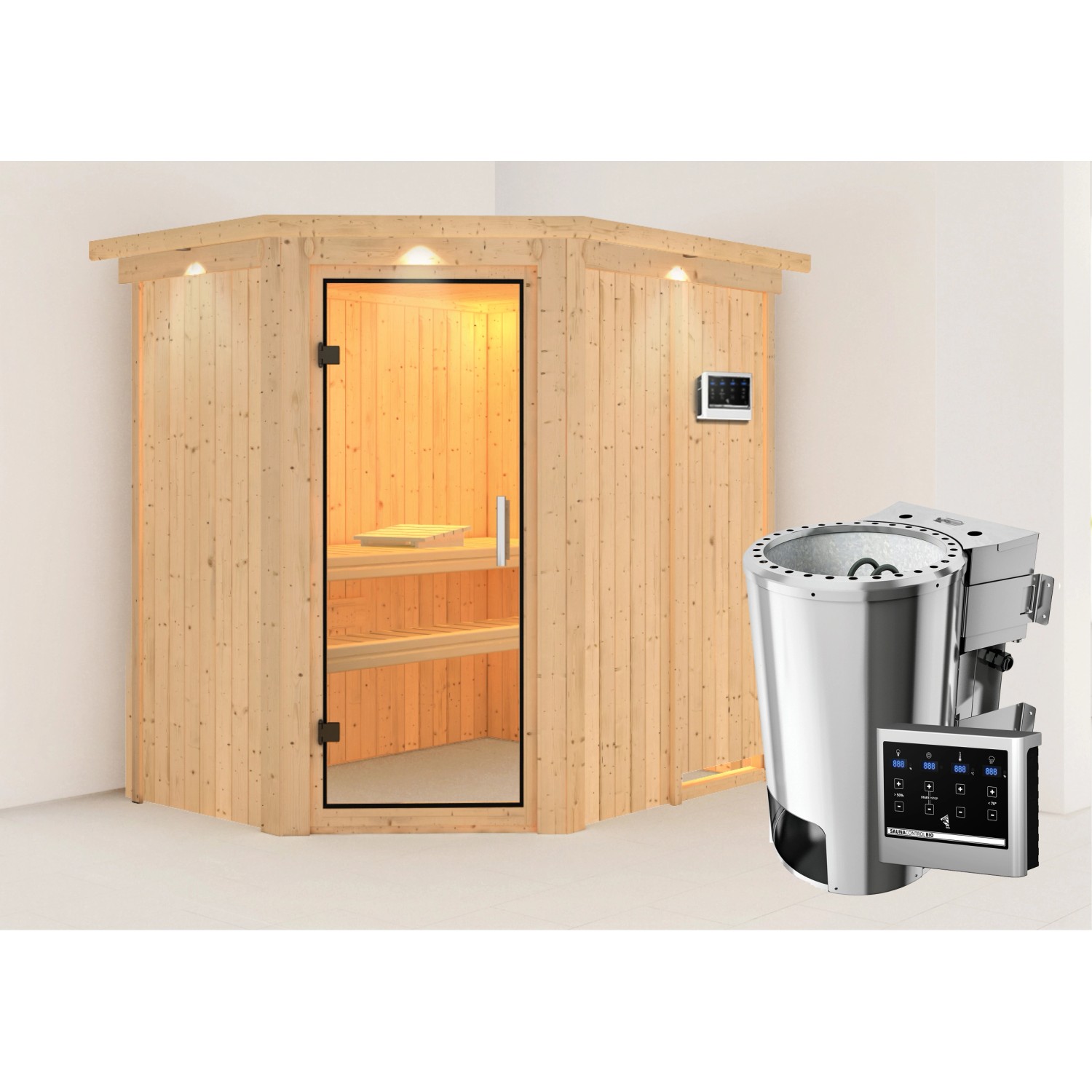 Karibu Sauna Silva mit Bio-Ofen externe Stg.Easy LED-Dachkranz Natur