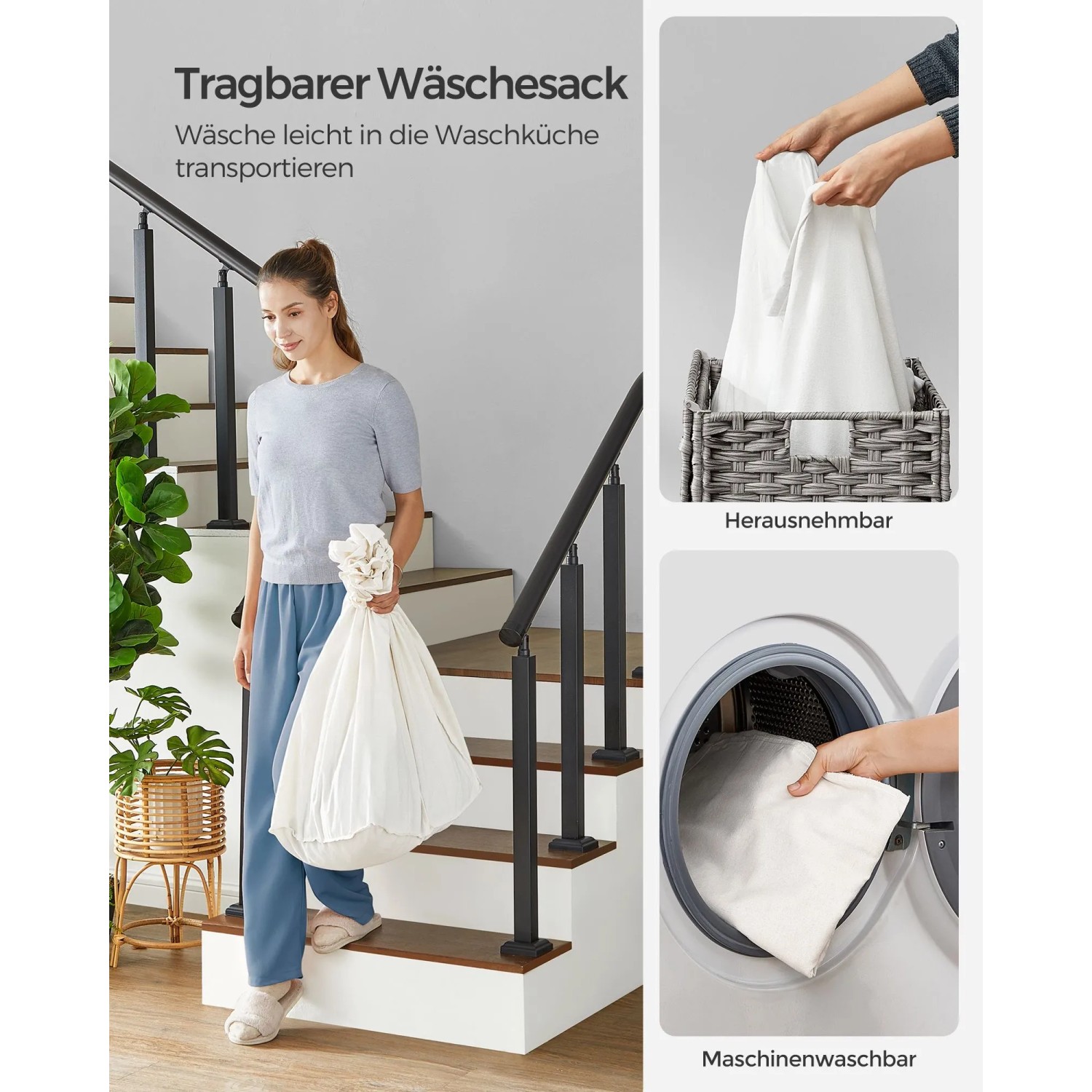 Songmics Wäschekorb mit Deckel, 140 l, grau, mit Wäschesack zum Herausnehmen und Waschen.