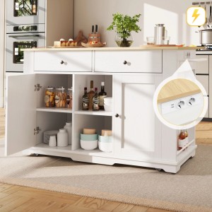 Weiße okwish Kücheninsel mit Holz-Arbeitsplatte, offenen Fächern, Schubladen, Stauraum und Steckdosenleiste.