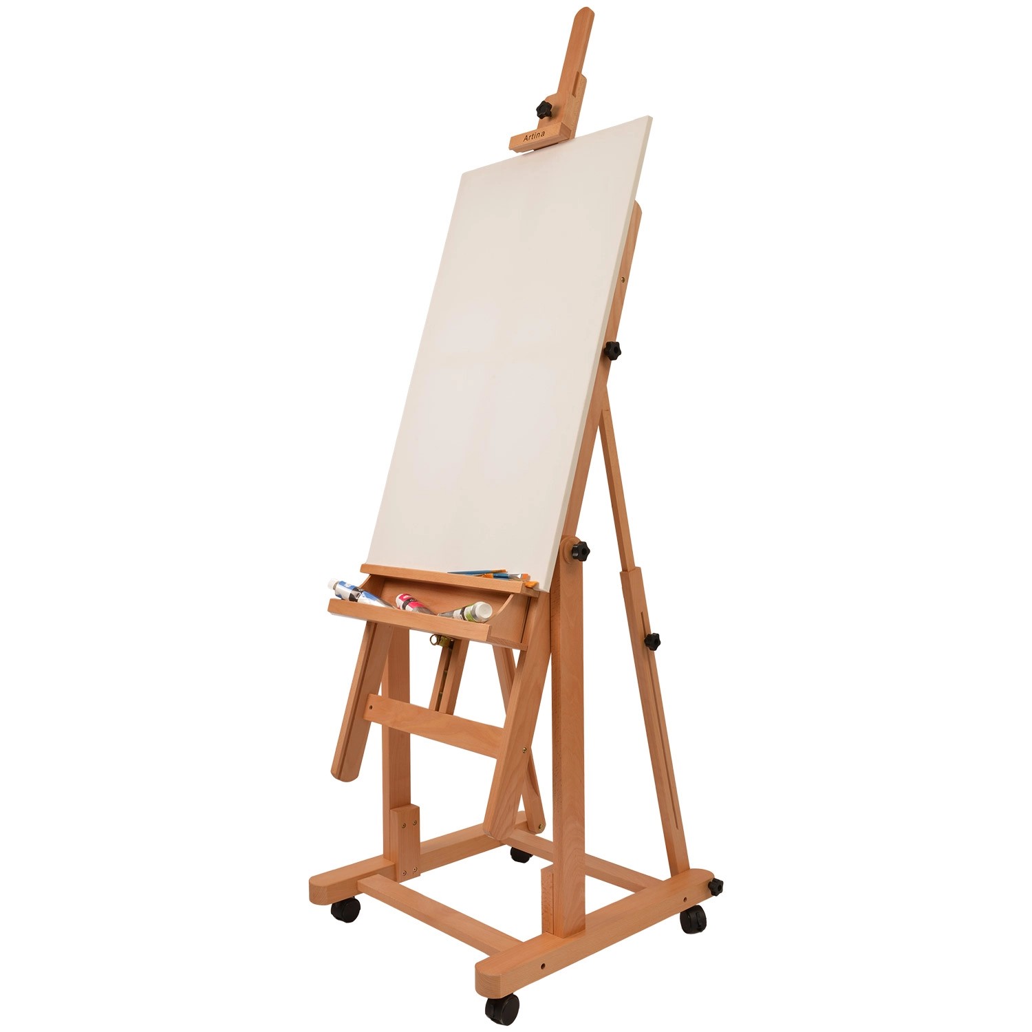 Artina Verona Atelierstaffelei aus Buche, rollbar und mit Ablage.