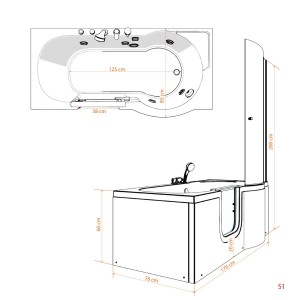Skizze der AcquaVapore Seniorendusche mit Wanne und Whirlpool S12D-TH-WP-L-EC, 170x85 cm mit Maßen.