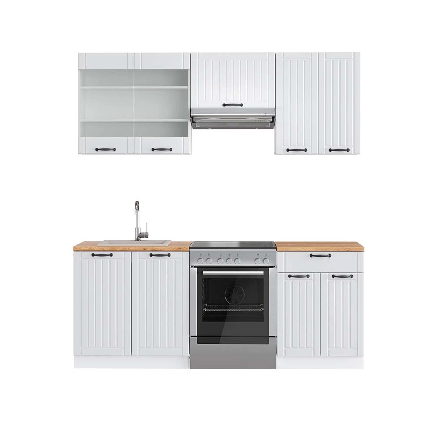 Vicco Fame-Line Küchenzeile Weiß Landhaus/Weiß 200 cm AP Eiche günstig online kaufen