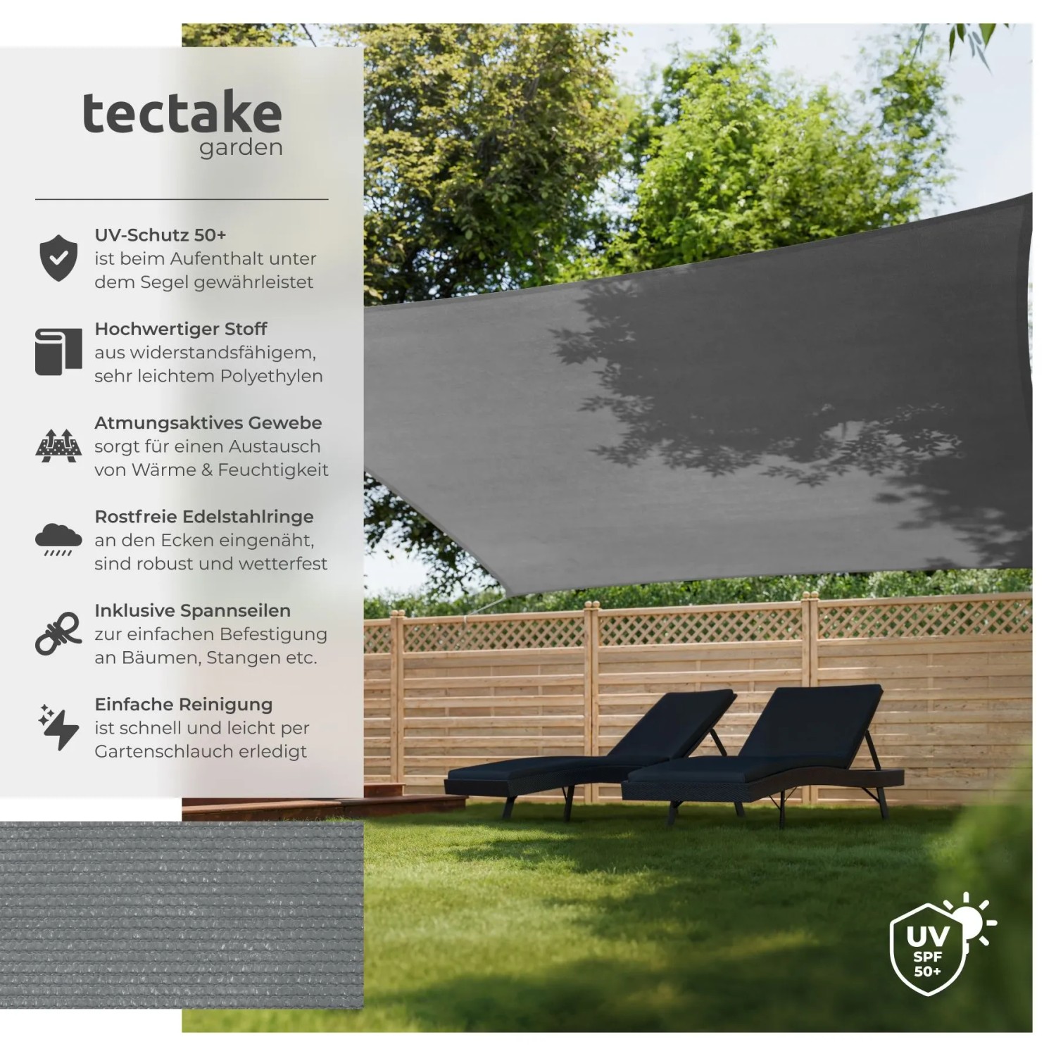 Tectake Sonnensegel  Rechteckig Mit Uv Schutz 50  Für Balkon  Garten und Terrasse 5 4 x 5 4 M 540 x 540 x 1 cm Grau_2
