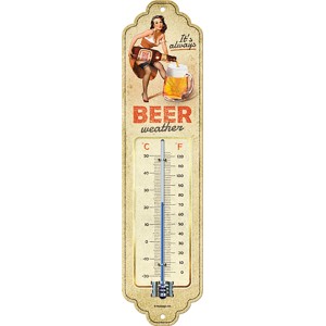 Nostalgic-Art Thermometer "Beer Weather" aus Stahlblech mit Celsius- und Fahrenheit-Skala im Retro-Design.