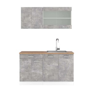 Vicco R-Line Singleküche 140 cm in Beton/Weiß mit Eiche Arbeitsplatte.