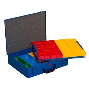 Blauer Kleinteilekoffer EuroPlus Pro mit roten, gelben und grünen Einsätzen. Aufbewahrungssystem für Werkstatt und Hobby.