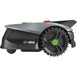 LUX-TOOLS Mähroboter Oryx 300 Vision, Seitenansicht. Grau, schwarze Räder mit grünen Akzenten.
