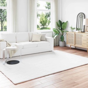 Großer weißer vidaXL Kunstfell Teppich Olite aus weichem Polyester im modernen Wohnzimmer. Rechteckig, flauschig.