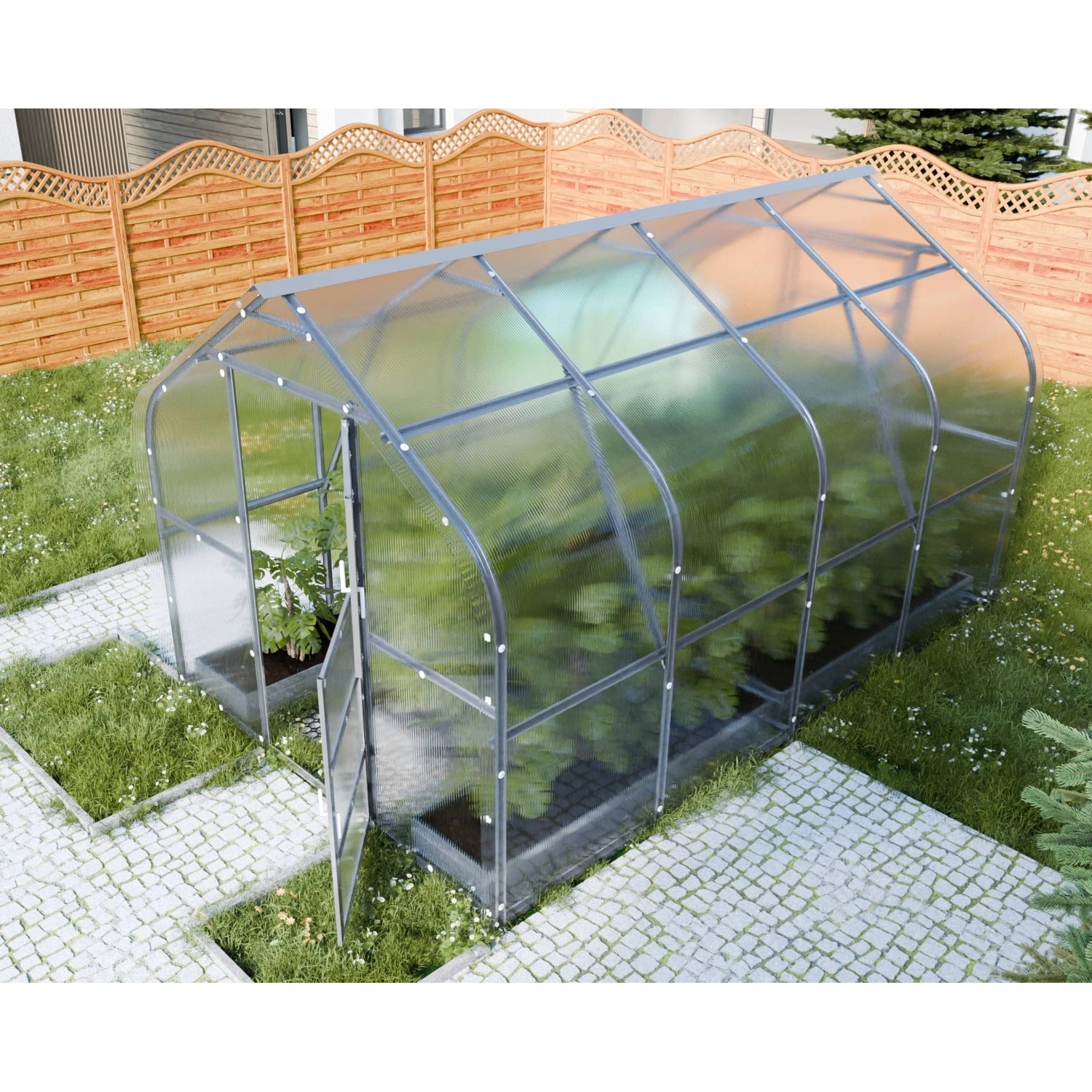 Klasika Drop Gewächshaus 10m² mit Polycarbonat-Abdeckung im Garten.