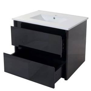 Schwarzer MCW Waschbeckenunterschrank mit Keramik-Waschbecken, hochglänzend, 50x80 cm.