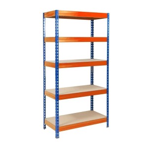 Blau-oranges Schwerlastregal mit 4 Böden, Traglast 1200 kg, ideal für Garage und Keller.
