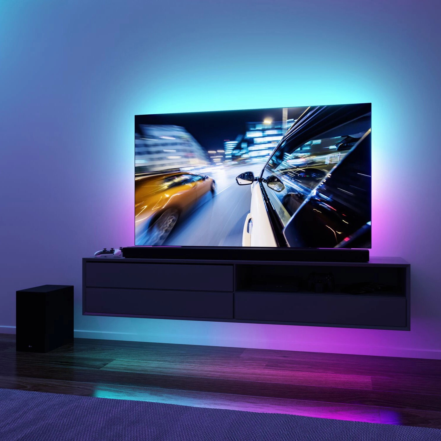 Paulmann EntertainLED LED-Streifen mit USB für 75-Zoll-Fernseher, indirekte RGB TV-Beleuchtung.