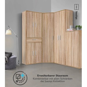 Mokebo Besenschrank in Braun, Eck-Kombination. Büro- oder Mehrzweckschrank mit Schublade und Türen.