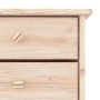 Detailansicht des vidaXL Schuhschranks ALTA aus hellem Kiefernholz mit Schublade, Klapptür und Holzknäufen.