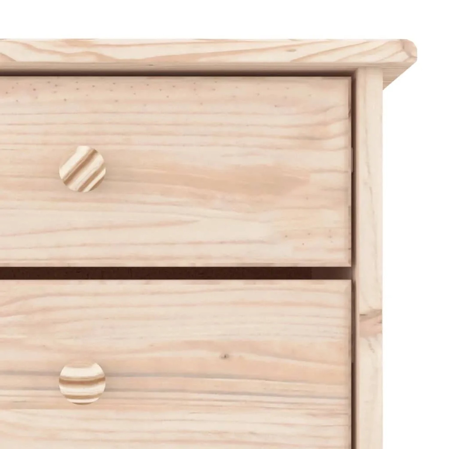 Detailansicht des vidaXL Schuhschranks ALTA aus hellem Kiefernholz mit Schublade, Klapptür und Holzknäufen.