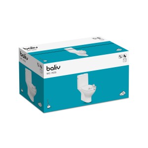 Verpackung des weißen baliv Stand-WC-Sets WC-7655 mit spülrandlosem WC und WC-Sitz mit Absenkautomatik.