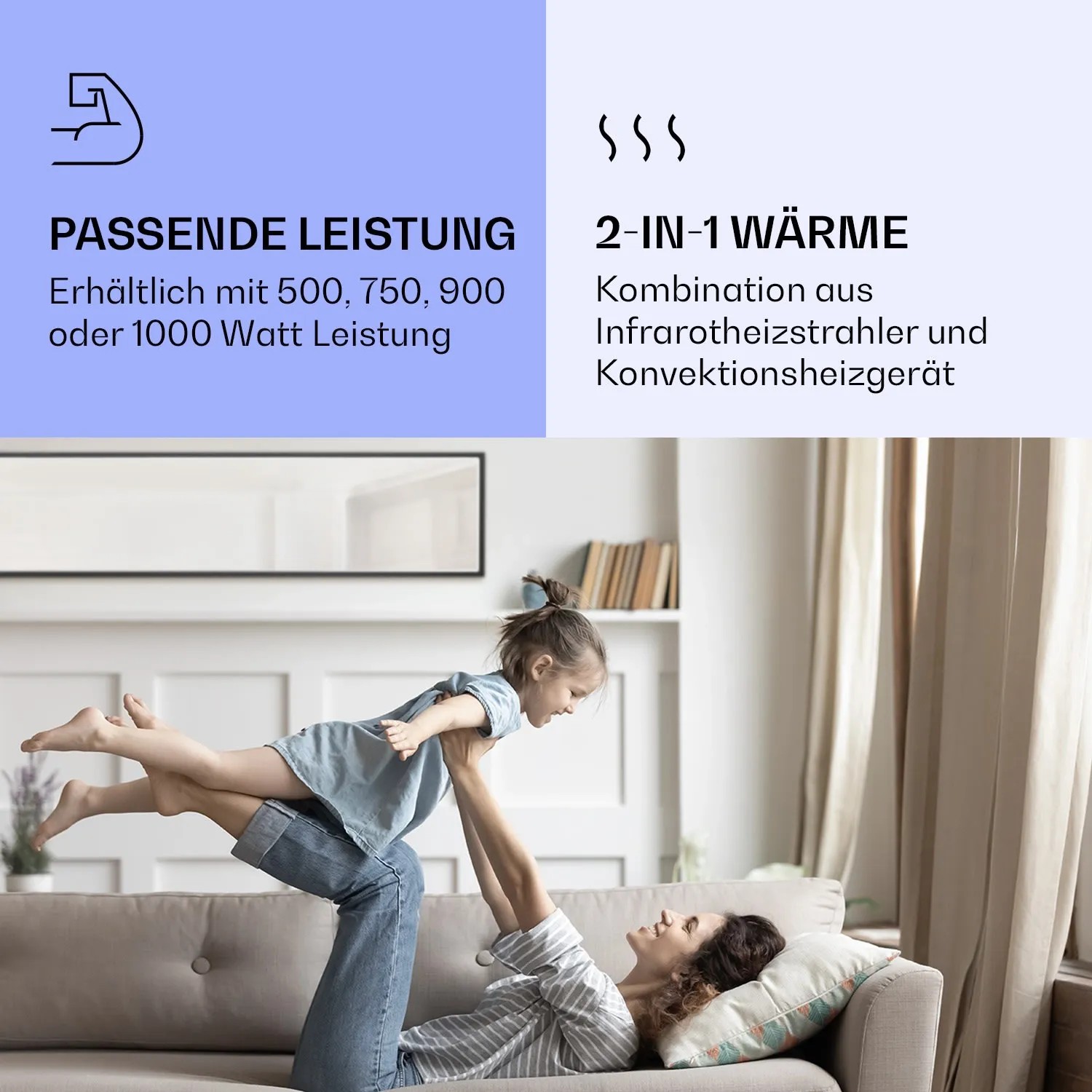 Klarstein La Palma Infrarotstrahler: Mutter hebt Kind in die Luft, Spiegelheizung im Hintergrund.