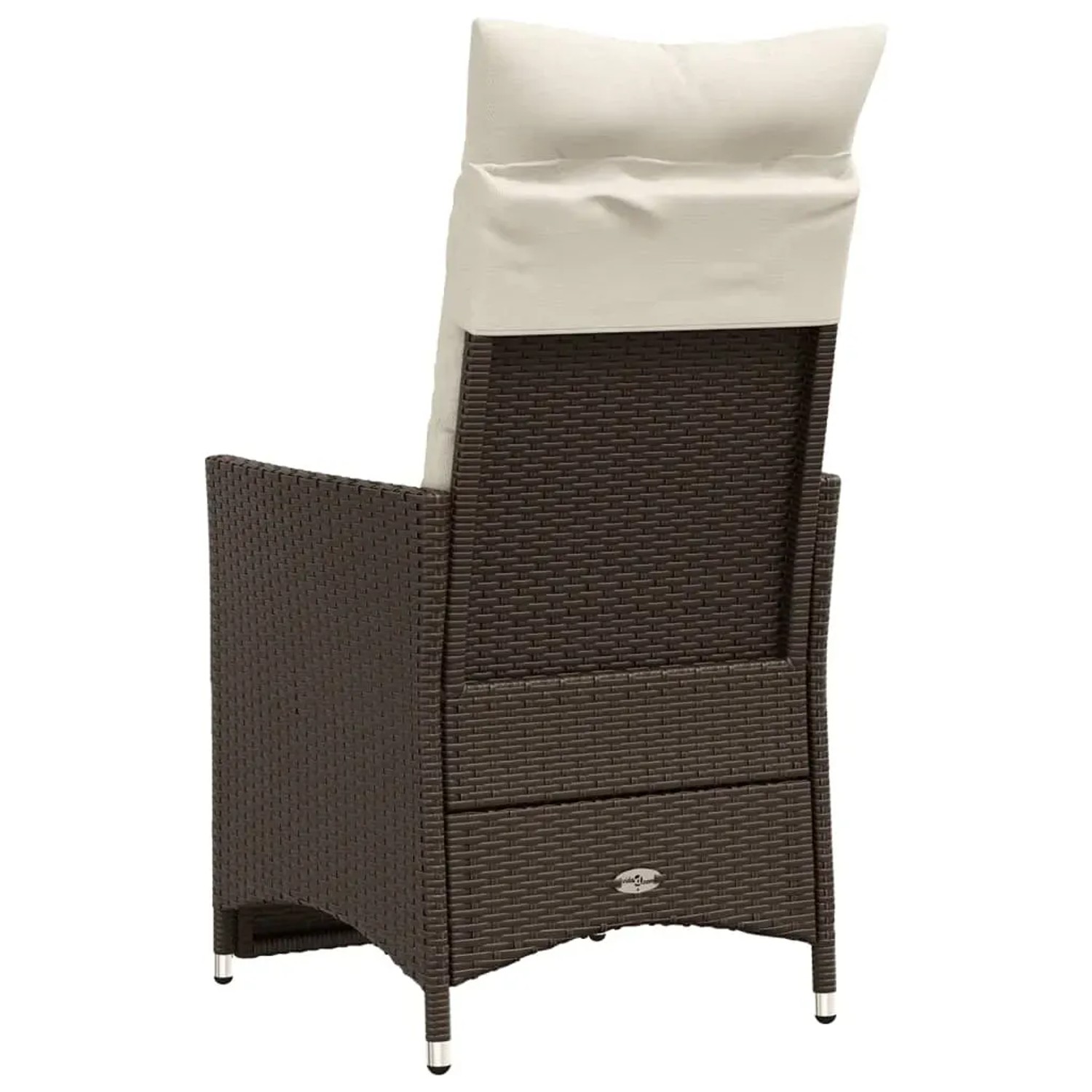 Verstellbarer, brauner Poly Rattan Gartensessel mit Kissen (2er-Set), Rückansicht.