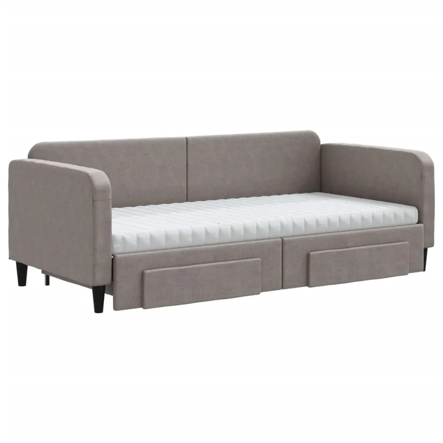 Ausziehbares vidaXL Tagesbett in Taupe mit Schubladen und Matratze.