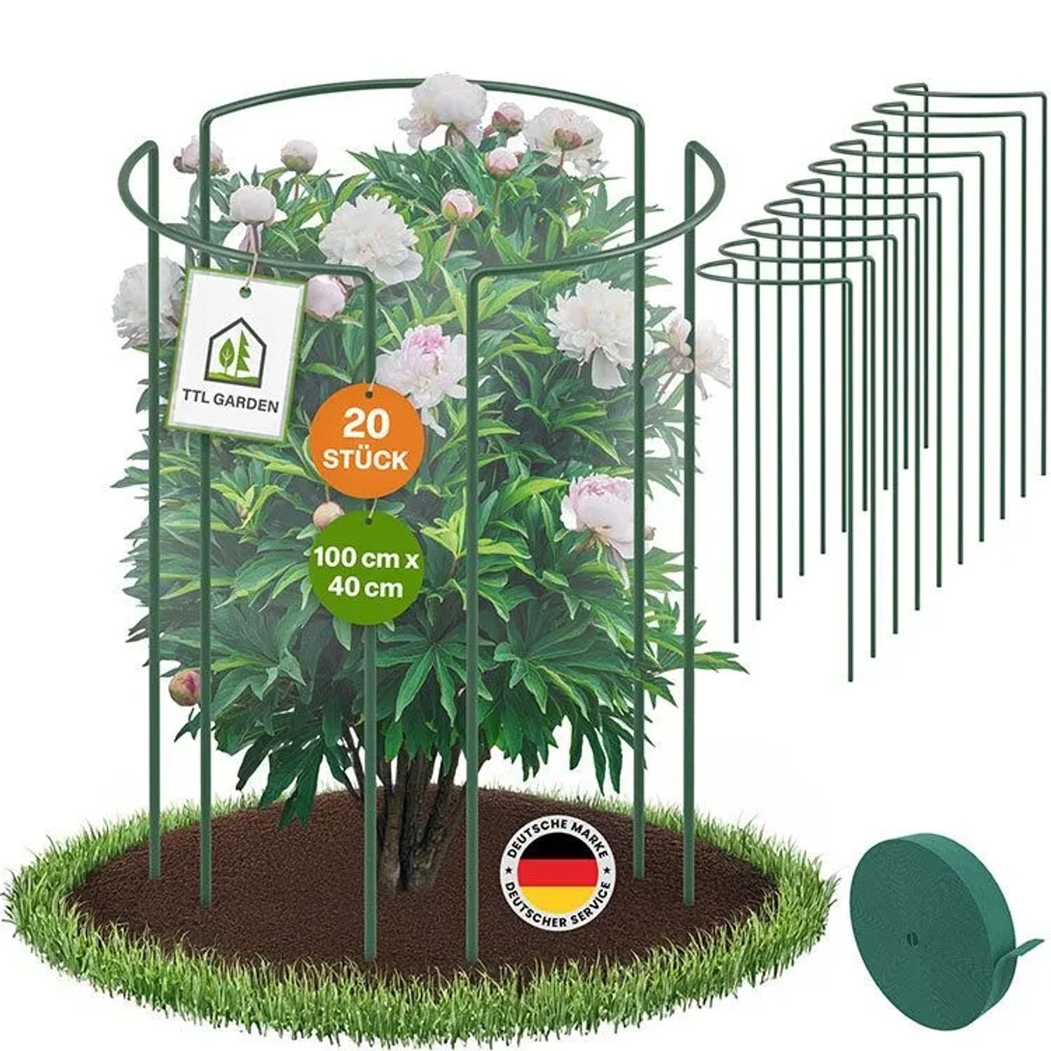 20er Set TTL GARDEN Strauchstützen 100x40cm mit Klettband, Rankhilfe für Rosen und Stauden.