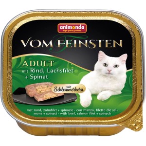 Vom Feinsten Katzen-Nassfutter Adult mit Rind, Lachsfilet und Spinat im 100g Napf.