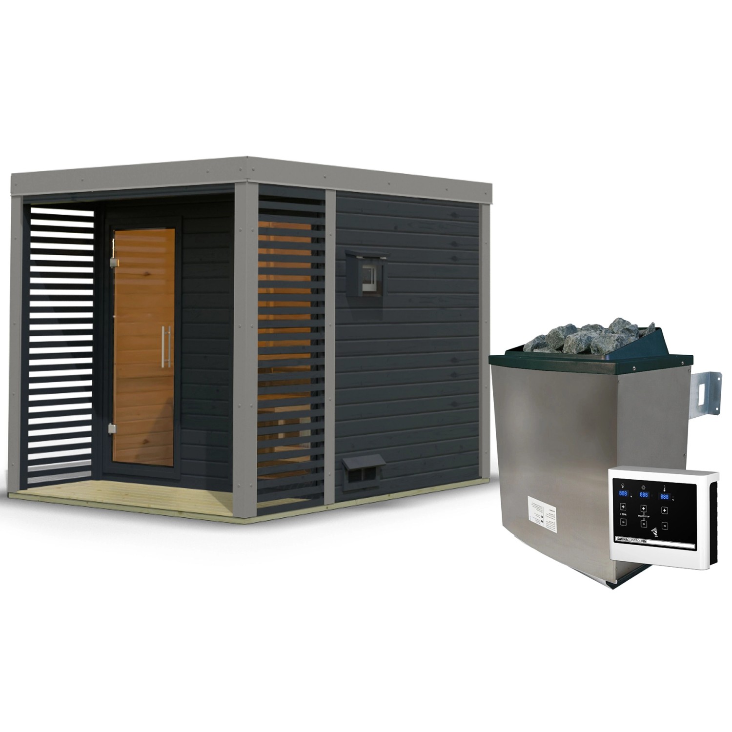 Karibu Saunahaus Seros 2 Zoll mit Ofen 9 kW Extern Anthrazit/Graualuminium günstig online kaufen