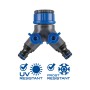 LUX 2-Wege-Ventil für Gartenschläuche, 26,4 mm auf 33,3 mm, Y-Form, aus UV- und frostbeständigem Kunststoff.