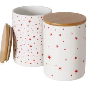 Vorratsdosen Sterny, 2-fach sortiert, weiß mit roten Sternen und Bambusdeckel.