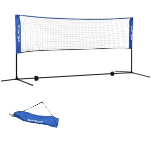 Blaues SPORTNOW Badmintonnetz mit schwarzem Metallständer, aufgebaut, und passender Tragetasche.