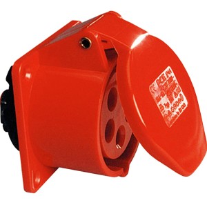 Rote CEE-Anbaudose, 5-polig, 16 A, 400 V mit Klappdeckel für CEE-Adapter.