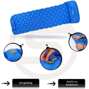 Blaue Sportisfaction Isomatte mit Wabenstruktur, integriertem Kissen und Ventil. Zeigt Bedienung der Luftpumpe.