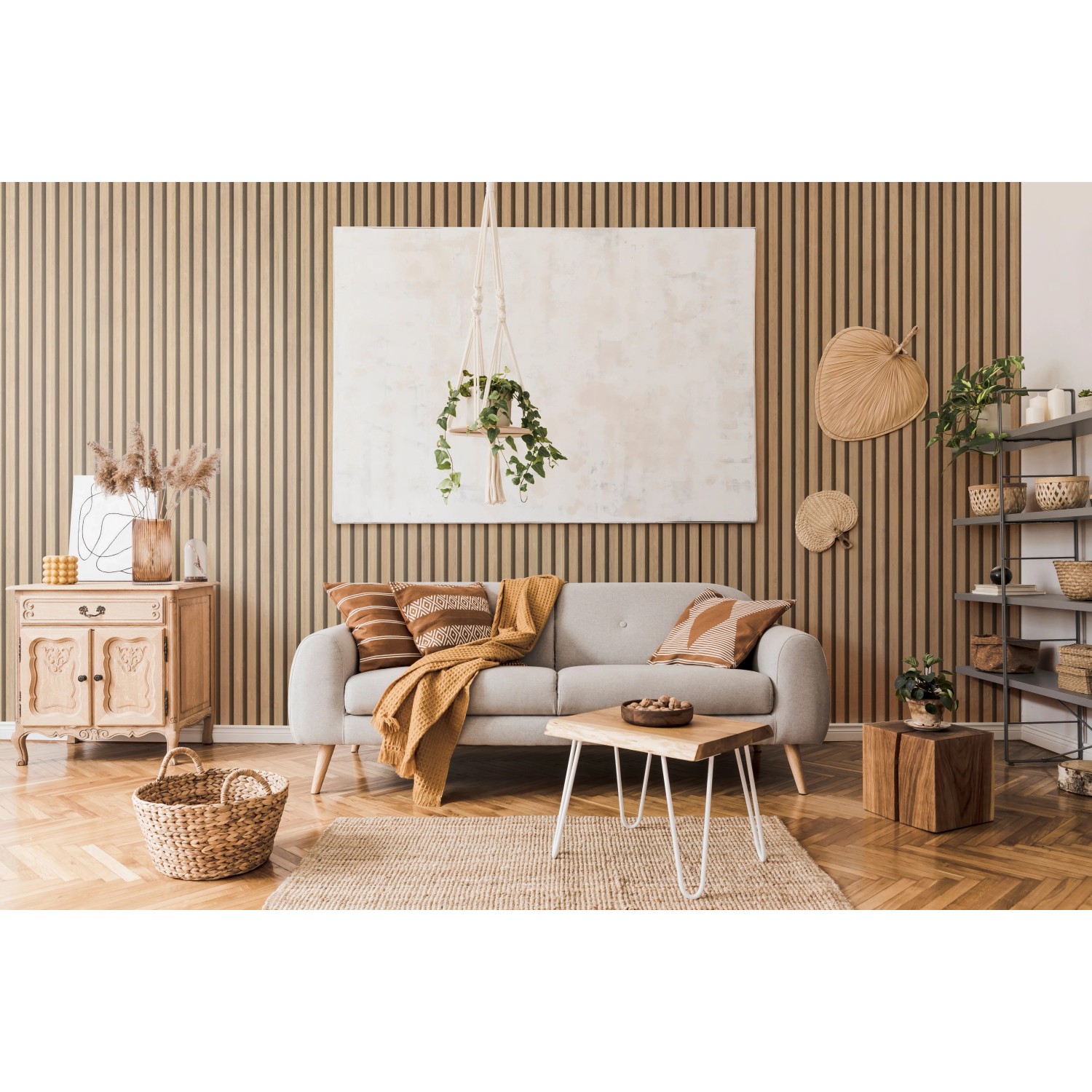 Wohnraum mit Grosfillex Wandverkleidung Element 3D Optik Linio Bamboo als Akzentwand.
