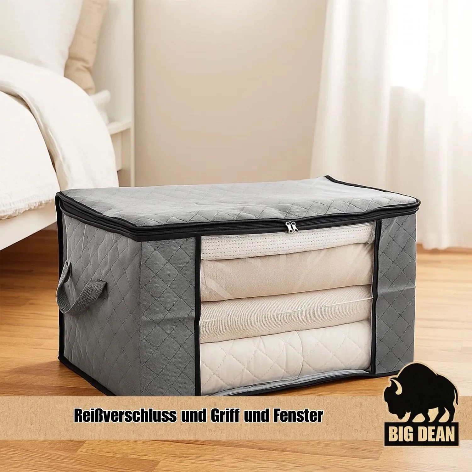 Graue BigDean Aufbewahrungstasche (90L) für Kleidung/Textilien mit Griff und Sichtfenster.