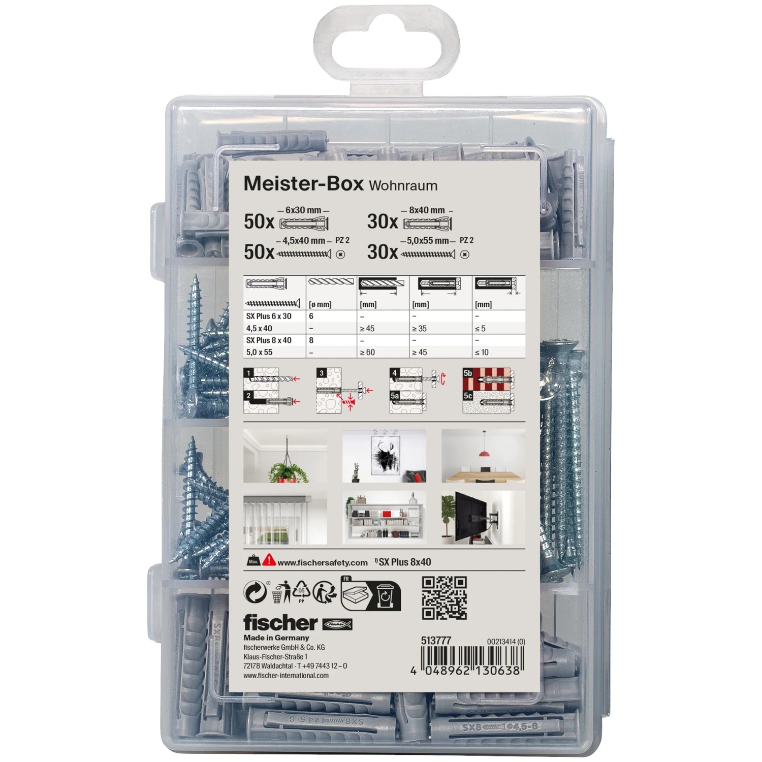 Fischer Meister-Box Wohnraum mit 160 Dübeln und Schrauben in transparenter Kunststoffbox.