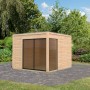 Modernes Karibu Gartenhaus Kubus 1 aus Holz mit Schiebetür und Flachdach im Garten.