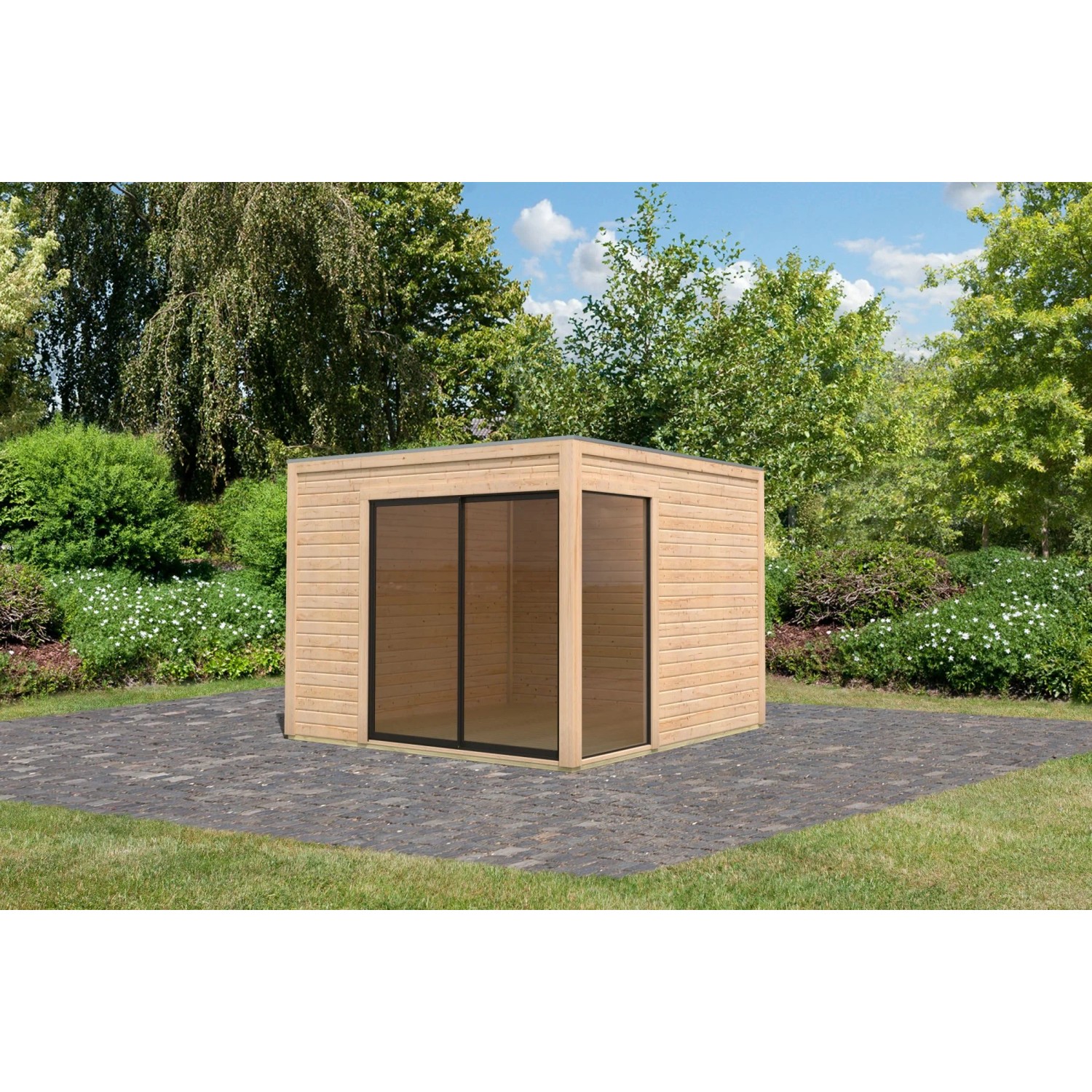 Modernes Karibu Gartenhaus Kubus 1 aus Holz mit Schiebetür und Flachdach im Garten.